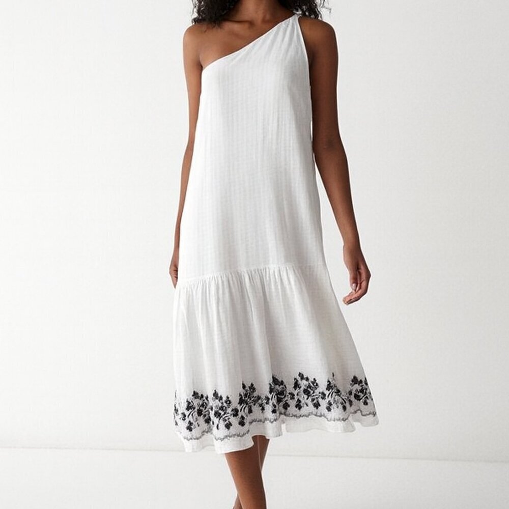 Roller Rabbit White One-Shoulder Midi Dress with Black Floral Hem